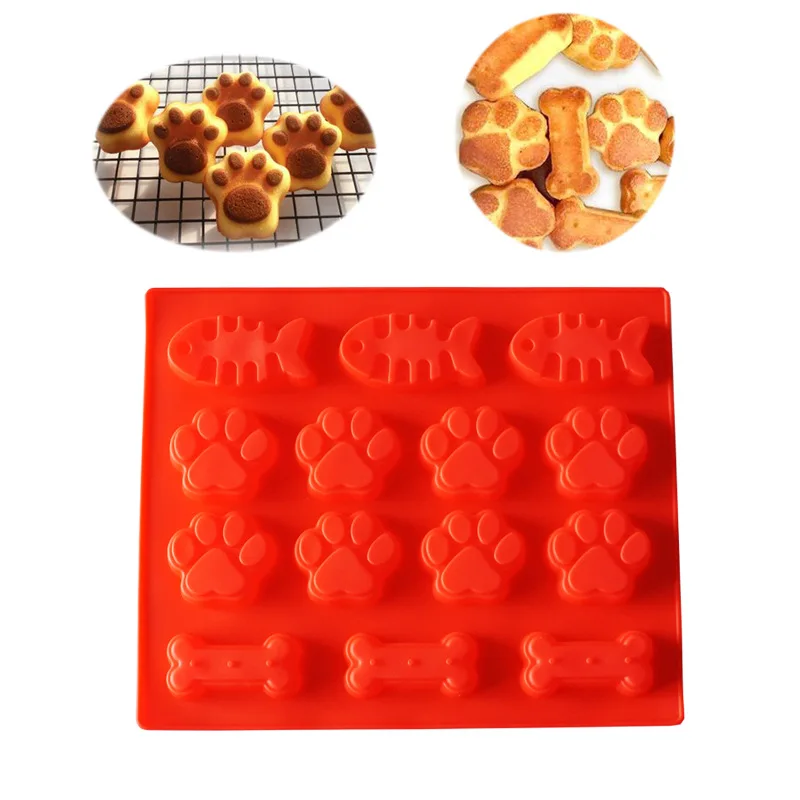 

0694 Fish bone dog paw silicone pudding chocolate biscuit mold diy mousse cake baking tool, Red