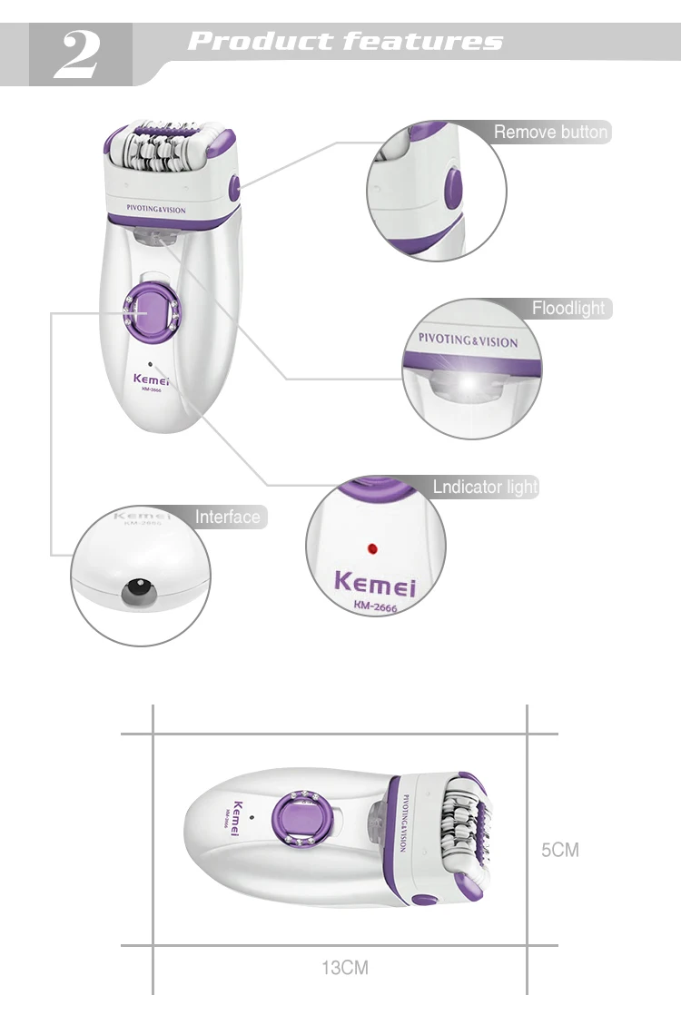 Kemei KM-2666 Led Double Head Epilator Electric Shaver Callus Remover Massager Hair Remover Women Grooming Kit