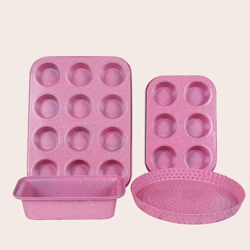 

Hot set Pink Carbon Steel Cake Baking Molds cake bakeware Pan sets Rectangle Toast Loaf Tart Pans Muffin Pan 6 and 12 cups