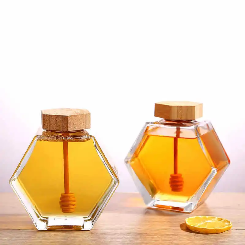 

High quality Hexagon Shape Honey Pot Jar with Wooden Dipper and Cork Lid Cover for Home Kitchen, Clear