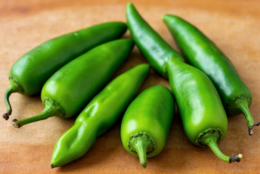 Close-up view of various green chili pepper varieties including jalapeño, serrano, and poblano arranged on wooden cutting board