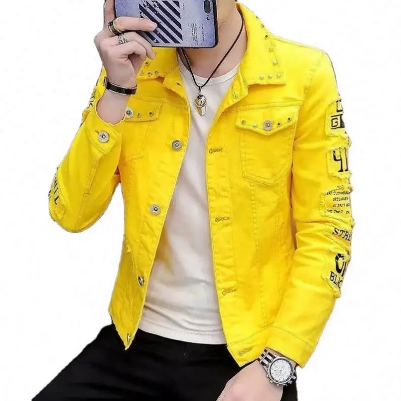 

New Men Fashion hip hop rivet jeans jacket male Slim Cotton printed Streetwear Casual denim Trousers coat