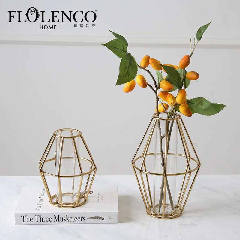 

Modern Nordic Style Art Rose Gold Metal Vase Frame Test Tube Glass Flower Vase