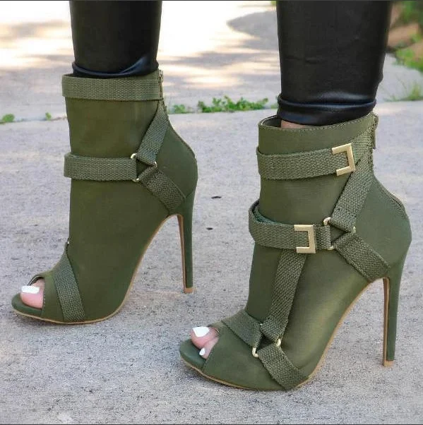 

Women fashion open toe classic high heel army green ankle booties boots shoes party dating shoes factory wholesale, Army green, black