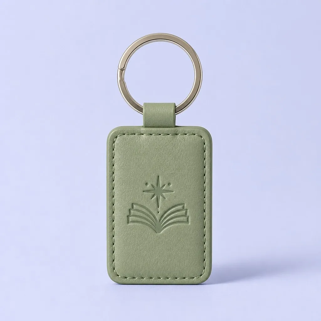 Custom olive green leather keychain with an open book and star emblem, view 1