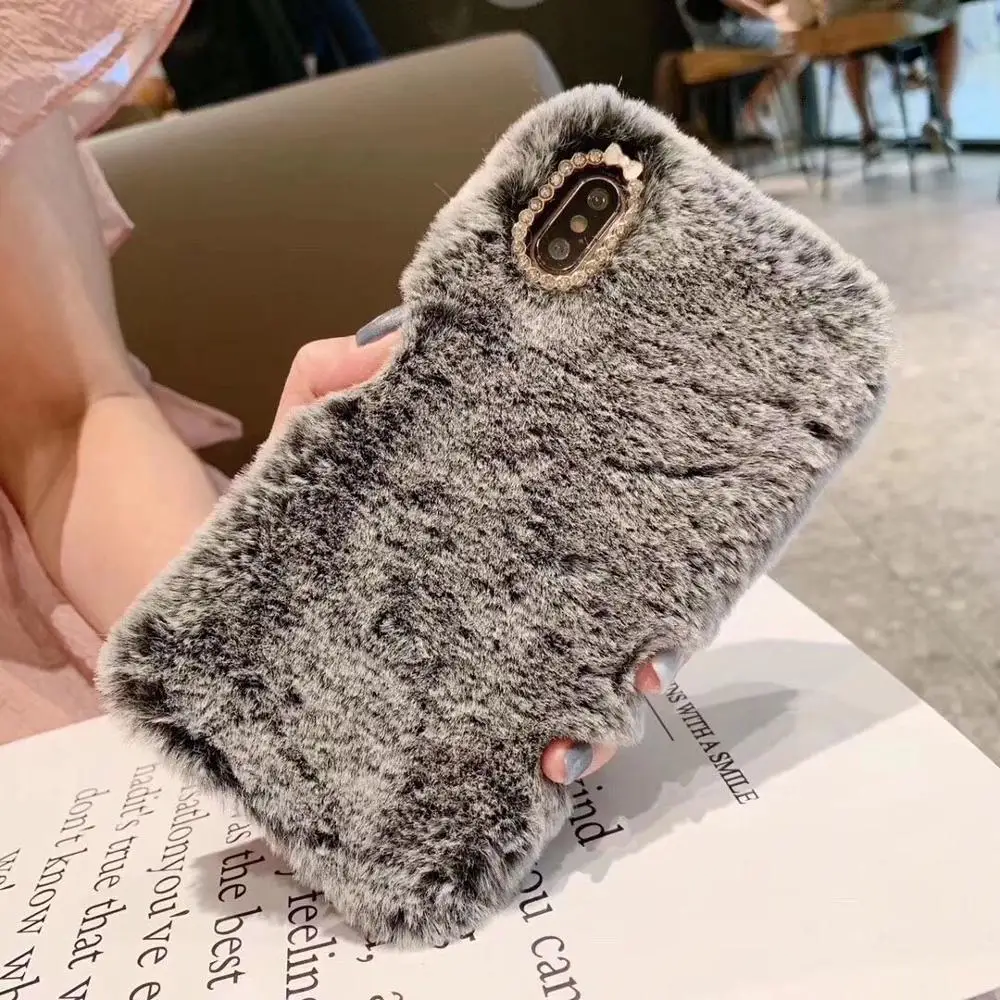 

Fluffy Plush Warm Cell Phone Cases For iPhone XS MAX Cases Rabbit Fur Diamond Cover Soft TPU Fundas Coque i Phone 11 2019 case