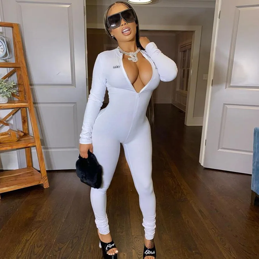 

2021 Fashion Women Lady's Sexy Lucky Label Front Zipper Up Bodycon jumpsuit Solid Color Skinny Long Sleeve Jumpsuits-PT, Gray,black,beige white