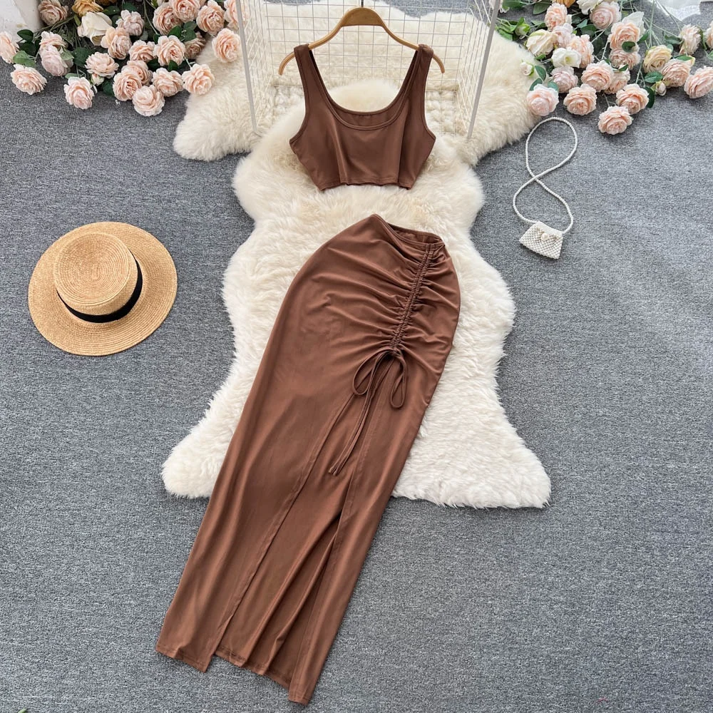 

Women's Sets Summer Solid Tops Y2k High Waist Skirt Set Clothing Wholesale