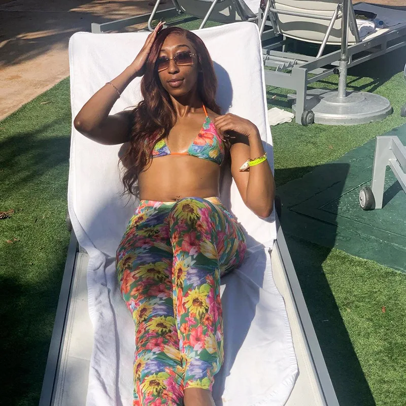 

S7360 - women fashion fit pants and bra printed mesh two piece set