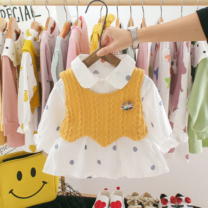

Hot Sells Wholesale style cotton Two piece dress baby girl dress, Yellow/pink