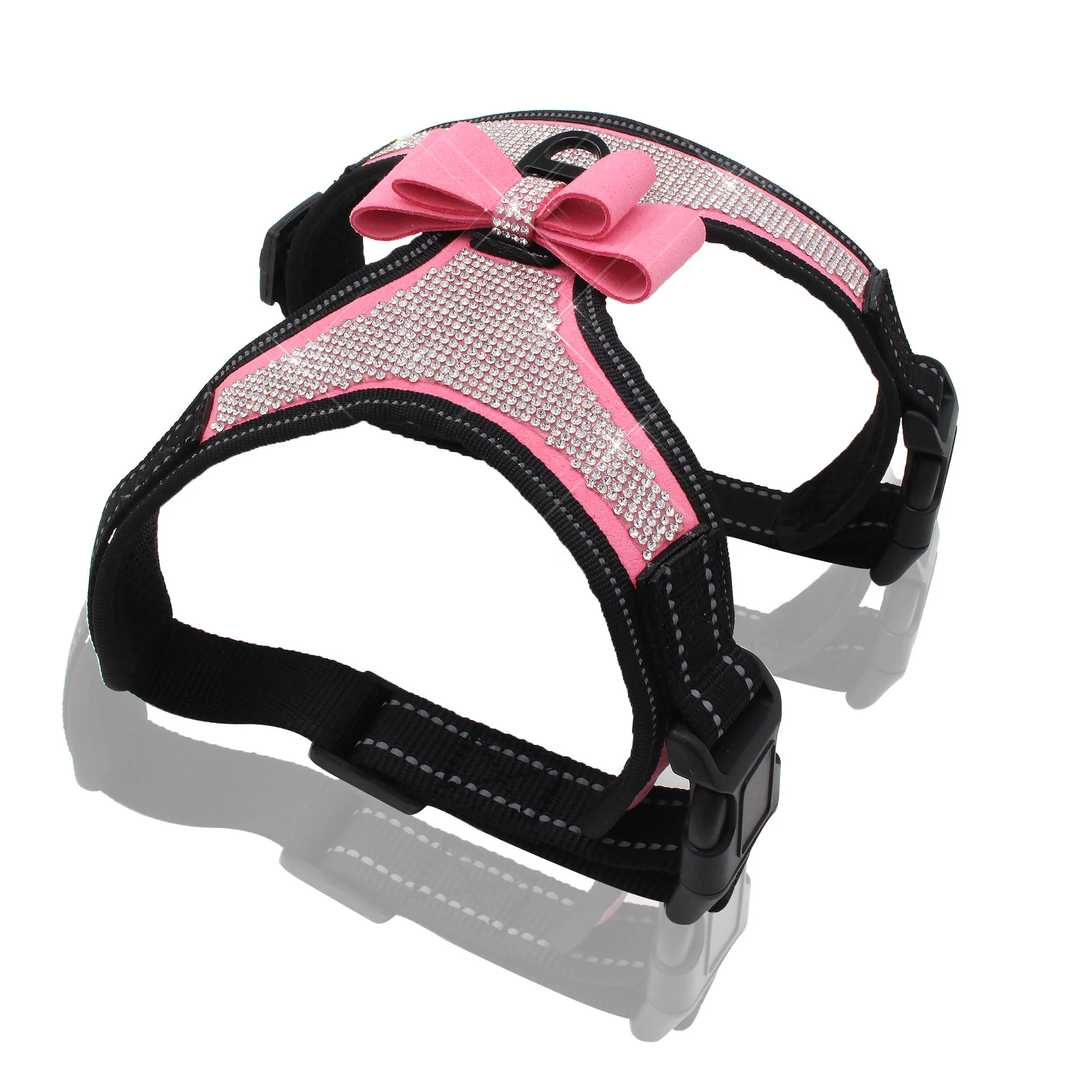 

Nylon Explosion Proof Reflective breathable Diamond Colorful Dog Harness Bling For Pet With Bow, Black/red/pink