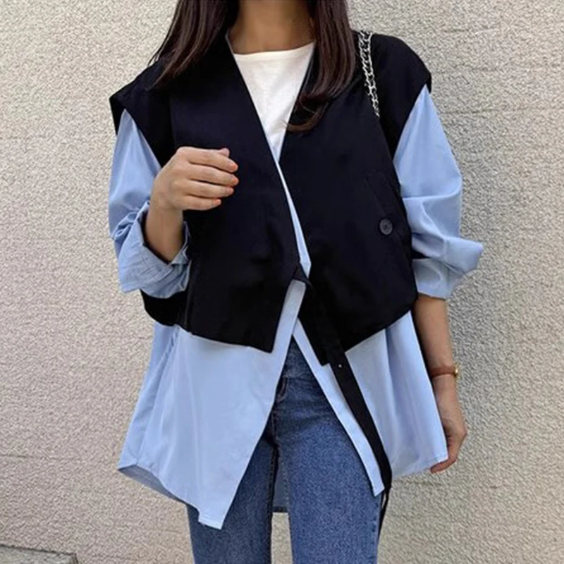 Wholesale 2026 Autumn French V-neck Loose and Versatile Color Matching Splicing Fake Two-piece Shirt Women's Jacket