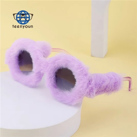 

Teenyoun Arrival Design Plush Playing Party Eyewear Wholesale Vintage Fashion Round Velvet Sunglasses 2023 New Women Faux Fur
