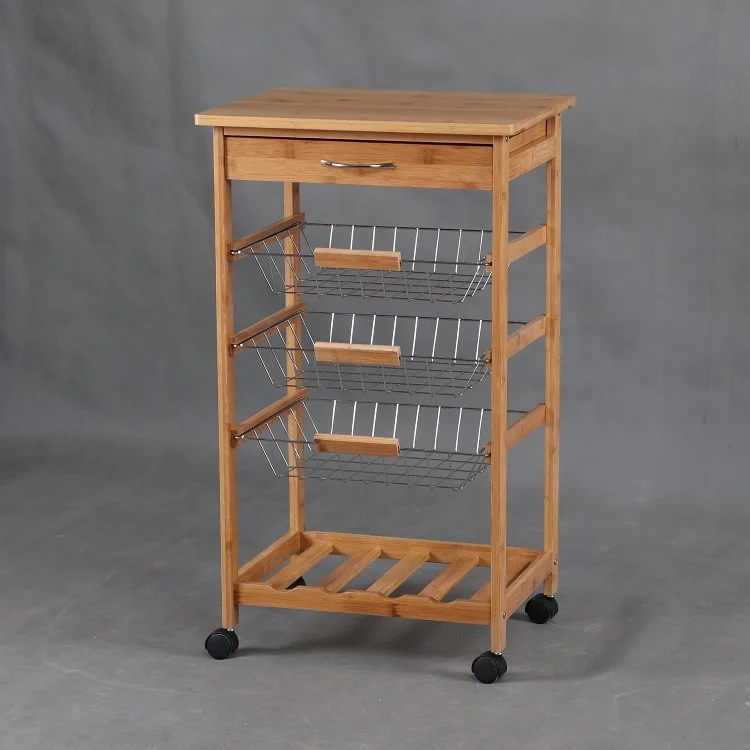 
Promotional home serving bamboo kitchen island trolley with wine rack and wheels 