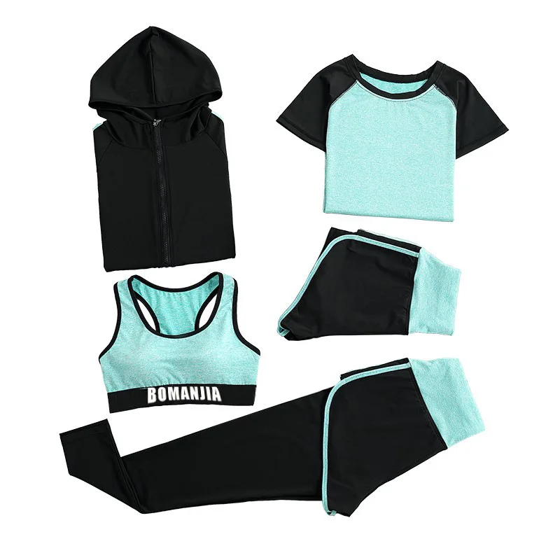 

2021 new summer yoga suit women show thin fast dry gym exercise running 5-piece hooded sportswear, Customized colors