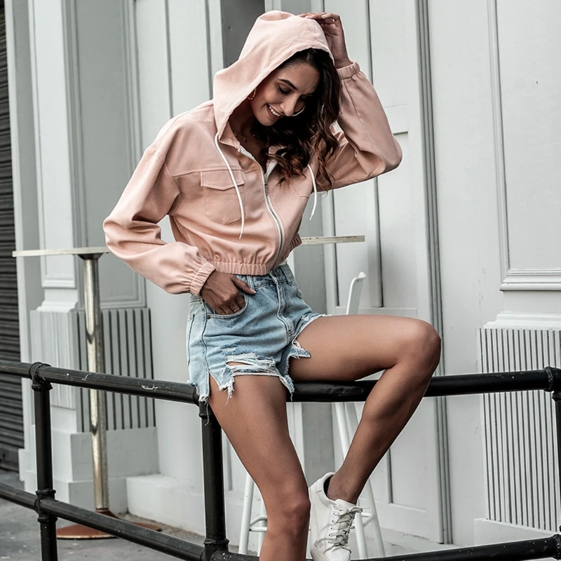 

Custom Women Full Zip Up Long Sleeve Cropped Jacket Drawstring Hoodie Solid Color, Customized color