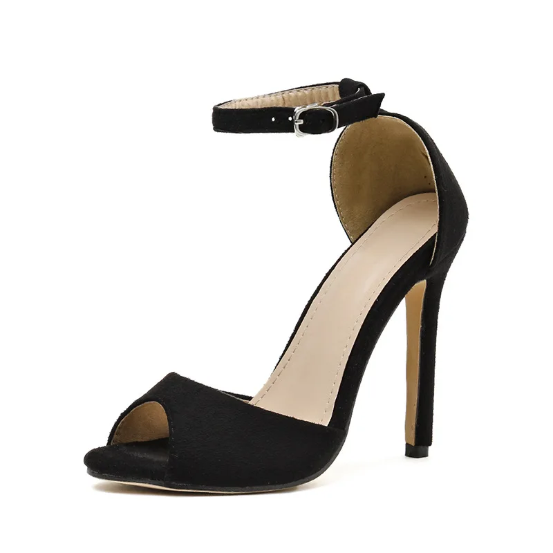 

2022 New Arrival Fashion Ladies Summer Sandals Black Suede Fish Mouth Open Toe Stiletto Ankle Belt Buckle Women Sandals 2021