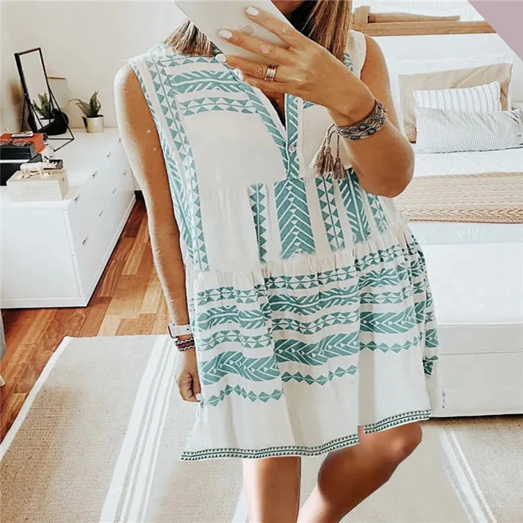 

2021 summer European and American plus size women's new printed sleeveless dress blue dress casual dress, As show