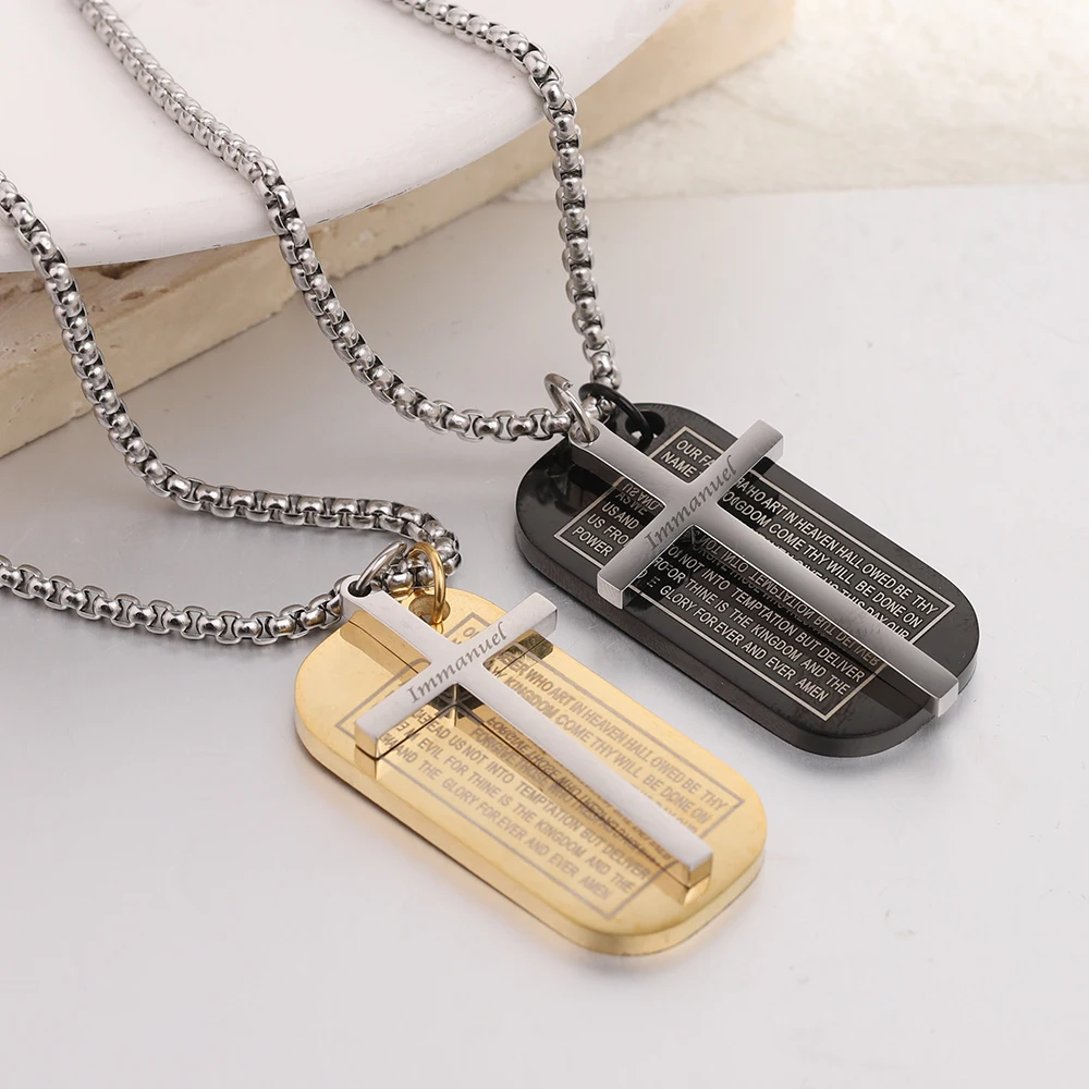 

New Arrival Engraved Pendant Stainless Steel Religious Cross Necklace Hip Hop Street Dog Tags Unique Cross Necklaces