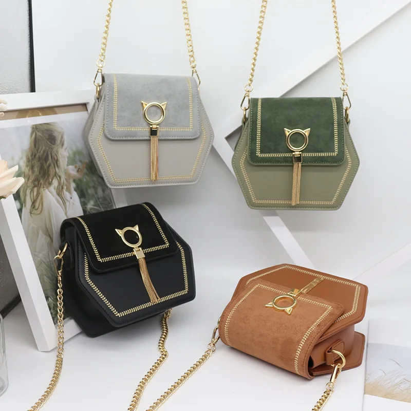 

2021 new cute cat pu women chain bag girls messenger bag with tassel, As picture
