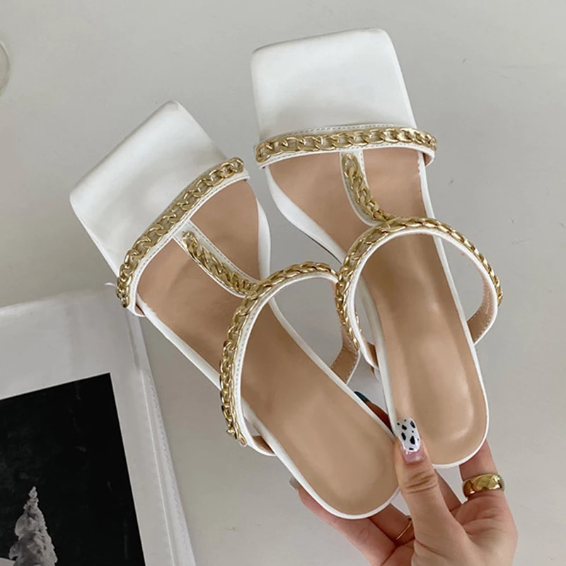 

2021 New Fashion Metal Chain Design Slippers Women Summer Sexy Open toe Thin High Heels Elegant Party Dress Female Shoes