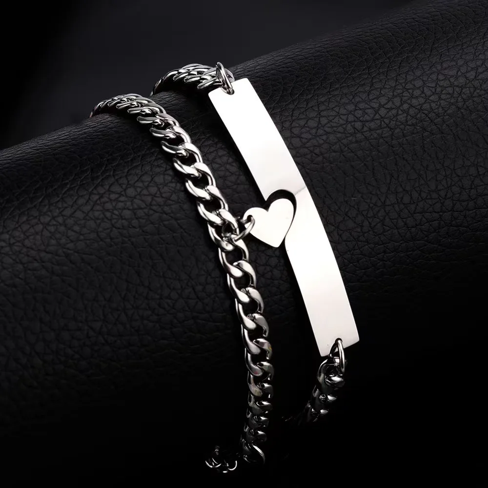 

Zhongzhe Jewelry Custom Heart bracelet rectangular laser engraved couple bracelet DIY logo Stainless steel bracelet