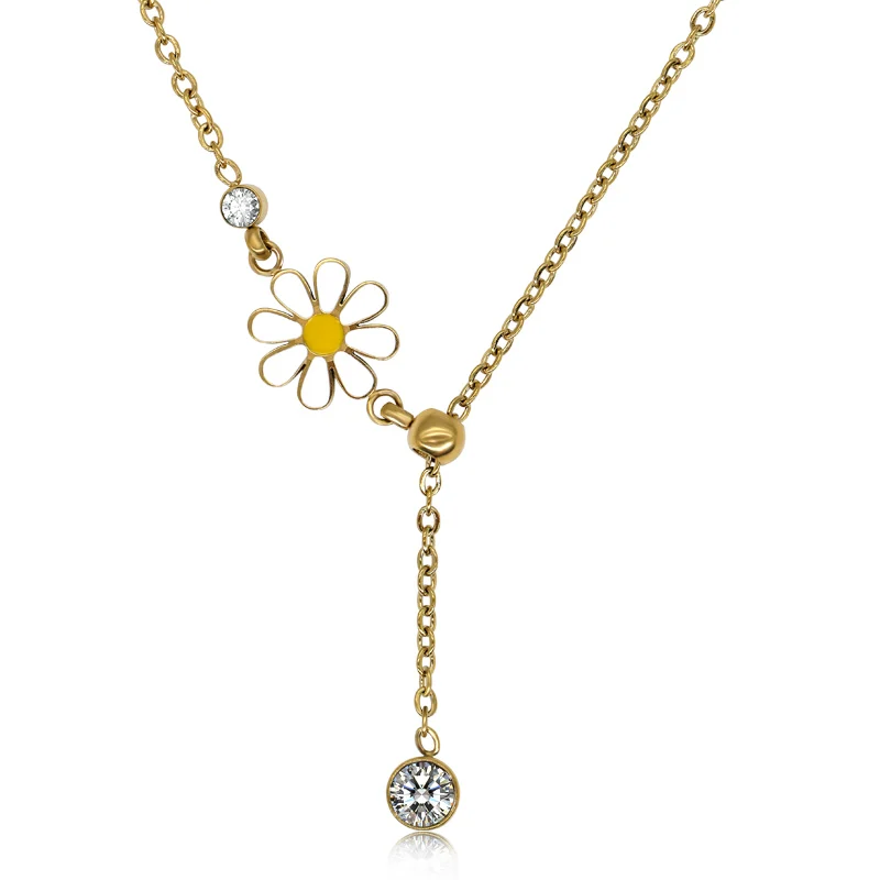 

14K Gold Daisy Enamel Necklace Dainty Titanium steel Chain Cute White Flower Pendant Y Shape Adjustable Necklace For Women