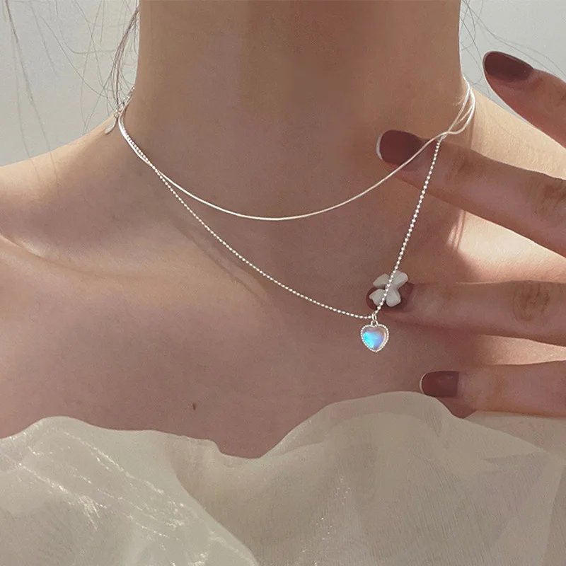 

Fast Shipping Fashion Jewelry Necklace Brass Colorful Moonstone Heart Pendant Necklace For Women