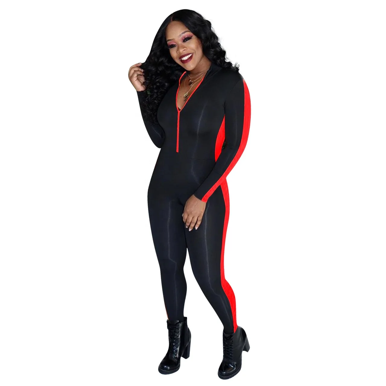 

2021NEW design Wholesale Patchwork Long Sleeve V-neck Zip Up Jumpsuits Skinny Side Stripe Bodycon Sexy Romper for Women