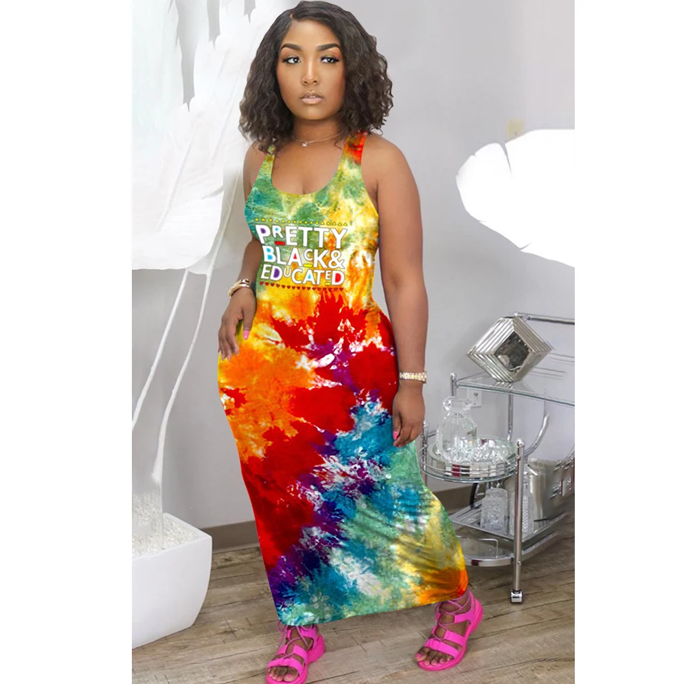 

Summer 2021 new arrivals fashion tie dye letter print sun dress women sleeveless bodycon maxi dress lounge wear, As picture
