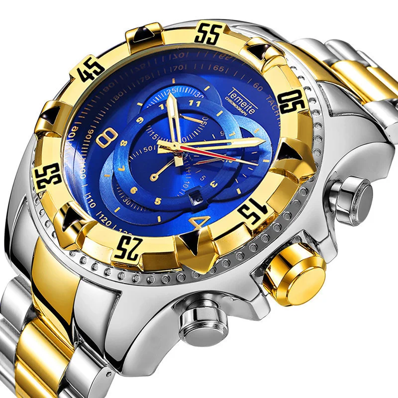 

2Temeite Popular Watches Men Wrist Luxury Quartz Watch Luminous Quartz Gold Watch Stainless Steel Case Back Sports Wristwatches
