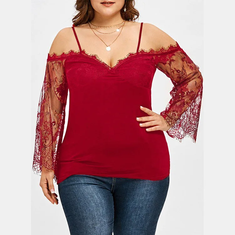 

Hot and spicy style to increase the size of the new spring sexy sling with open shoulder hollow lace shirt long sleeves