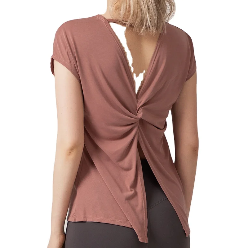 

European and American ladies new split beauty back solid color yoga clothes loose quick-drying running sports short sleeve top