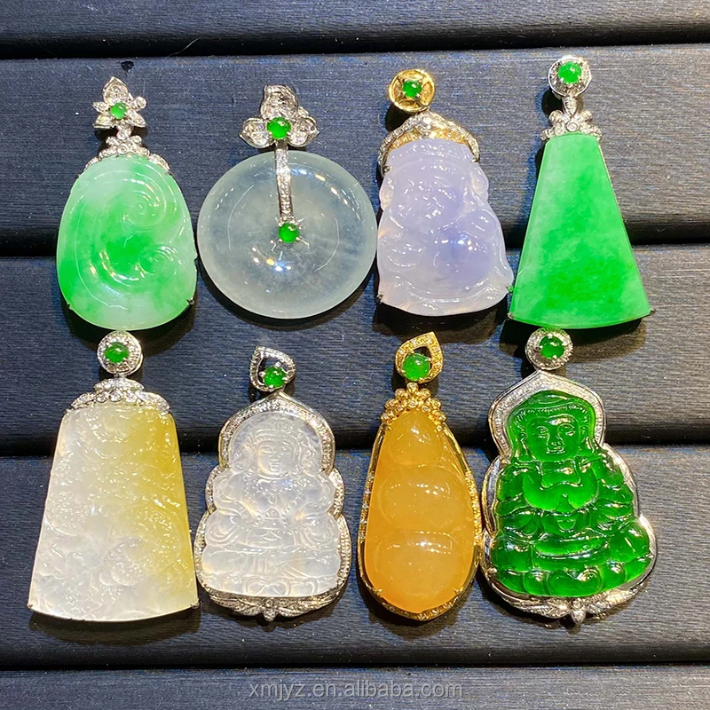 

18K Gold Diamond Pendant A Grade Jadeite Ruyi Guanyin White Gold Green Purple Jade Buddha Pendant Necklace