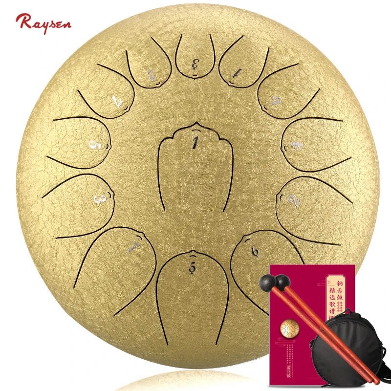 

Raysen 12 inch 13 tone steel tongue drum lotus shape musical instrument, White, yellow, black, blue (can customize)