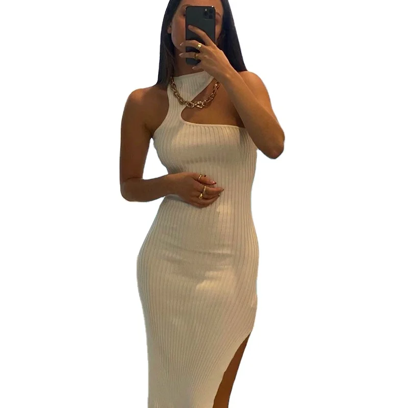 

High Quality Sexy Women Halter Asymmetrical Hollow Out Backless Solid Color Slit Irregular Casual Dress, White, gray, black,