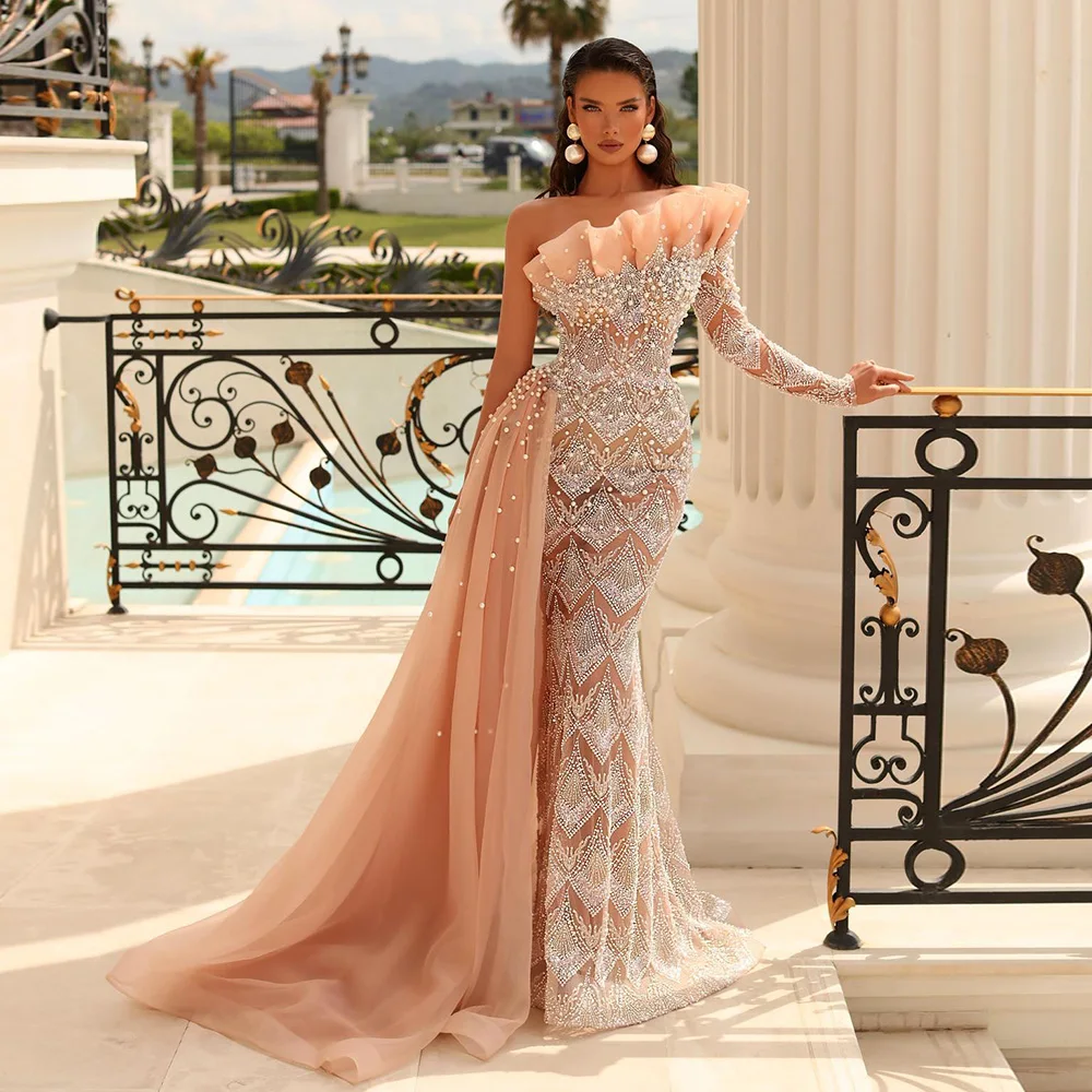 

Scz003-3 Luxury Dubai Peach Mermaid Evening Dresses For Women Wedding Elegant Scalloped One Shoulder Formal Party Gown