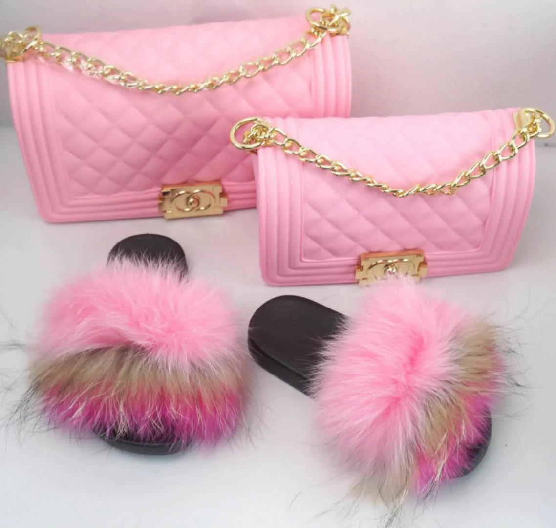 

GW Wholesale rainbow candy jelly wallet handbag and matching fur slippers spring and autumn women's fur slide and wallet set, Colorful