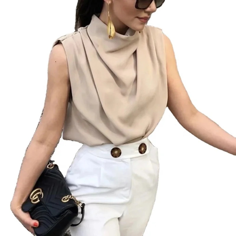 

Woman Stand Collar Solid Elegant Cowl Neck Pleated Chiffon Tops Fashionable Plus Size Loose Tops Blouse Top
