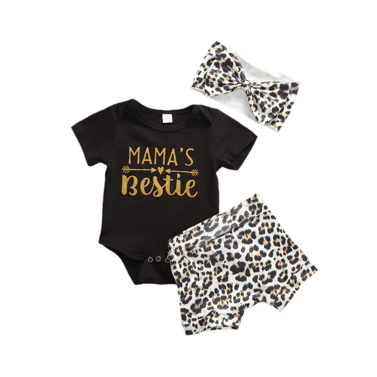 

840 Newborn Baby Girls Clothing Set Toddler Jumpsuit Clothes Summer Infant Letter Print Romper Tops+Leopard PP Shorts Outfit Set, Picture shows