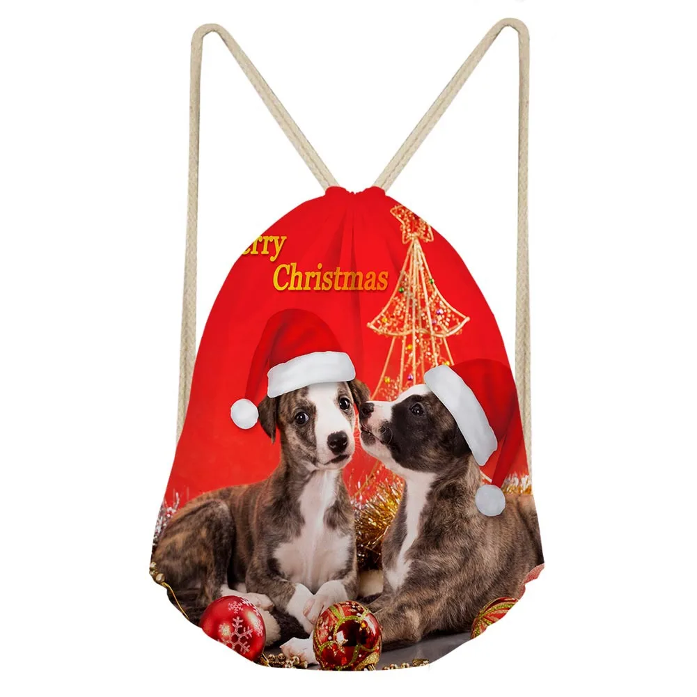 

OB012 Custom Christmas Squirrel Print Reusable Cute Cotton Dog Shopping Drawstring Gift Bags With Logo, 6 colors