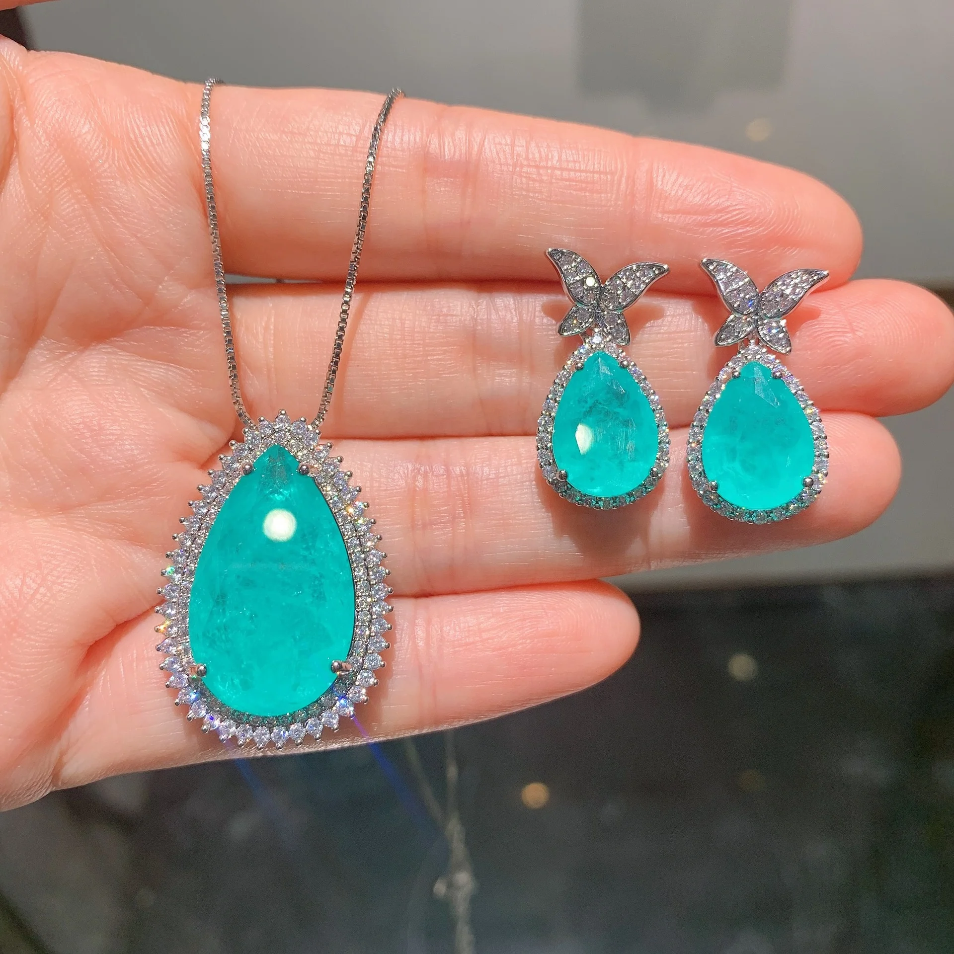 

Women's Jewelry Sets Luxury Tourmaline Blue Stone Aquamarine Lab Diamonds Necklace Earrings Wedding Jewel Set, Customized color