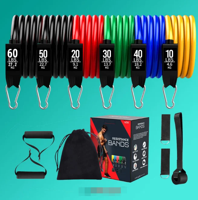 

5 levels heavy duty adjustable gym fitness workout elastic 11pcs tpe latex resistance bands tube set with logo