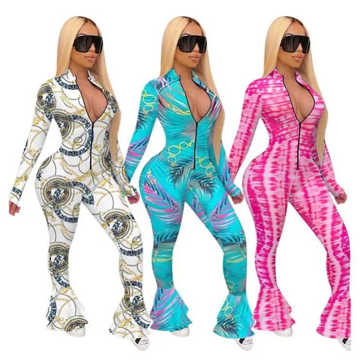 

Fashion Casual Print Long Sleeve Trumpet Zipper Jump Suit Basic Bodysuits Women One Piece Jumpsuits And Rompers