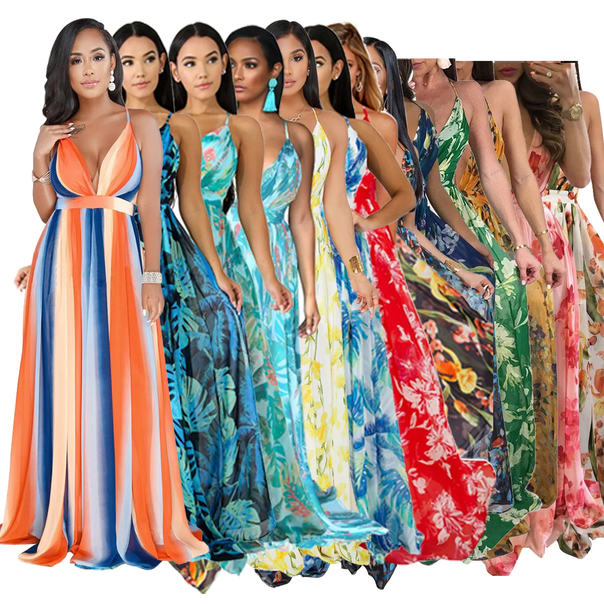 

Amazon Top Seller Sexy Spaghetti Strap Deep V Neck Printing Long Dress Casual Women Loose Maxi Dresses, Pink,yellow,red,green,navy,dark blue,blue,orange,white,colourful