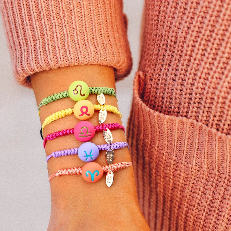 

Fashion Jewelry Ceramics 12 Zodiac Sign Bracelet Colorful Braided Rope Wrap Zodiac Charm Bracelet For Girls