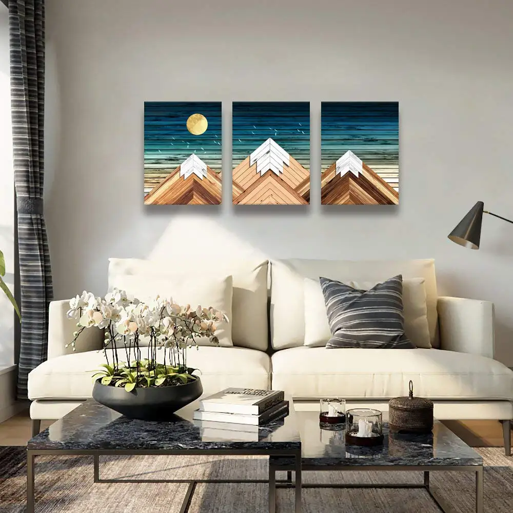 

3 Panel Geometric Canvas Prints Wall Art Framed Painting Blue Sky Mountain Pictures For Bedroom Living Room Home Decor Backdrop