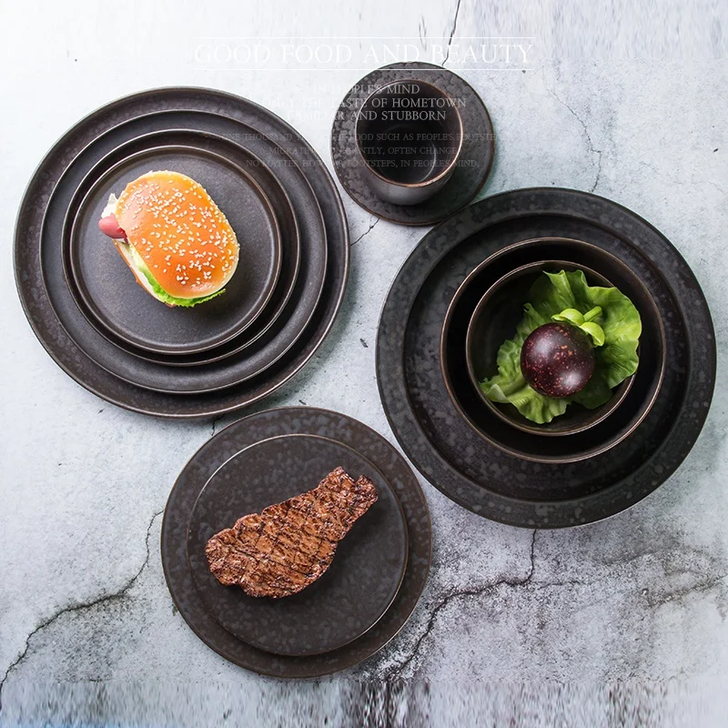 

Brown color food plates sets ceramic dinnerware with Snow Flake Pattern porringer bowl ceramic plate with Rim Sushi flat dish, Coffee