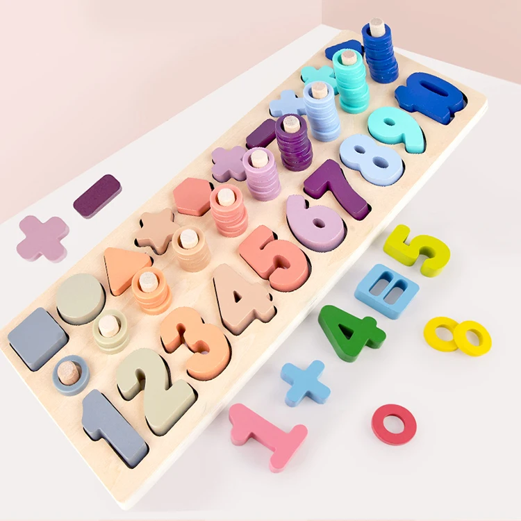 

Baby Montessori Math Toys Kids Educational Wooden Toys 5 in 1 Count Numbers Matching Digital Board Game Shape Board Puzzle Toy