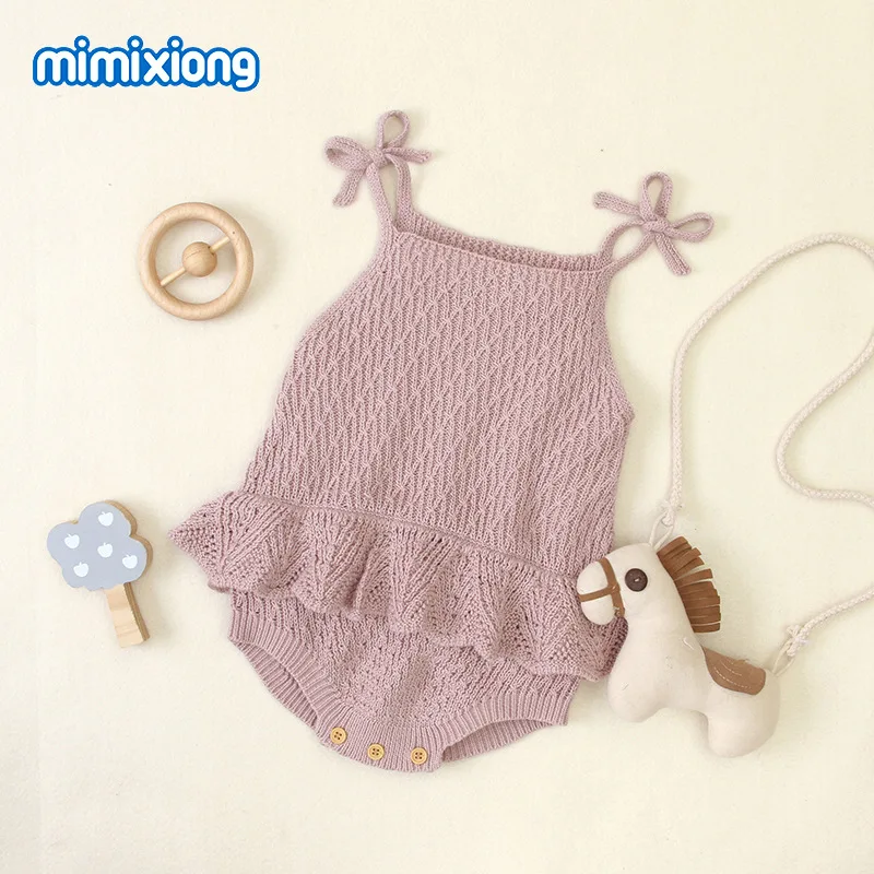 

82W706037 summer new arrival infant newborn baby girls rompers knitted ruffles suspender toddlers kids jumpsuit pink yellow